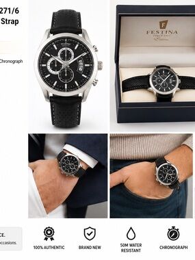 Men's Black Chronograph Leather Strap Watch